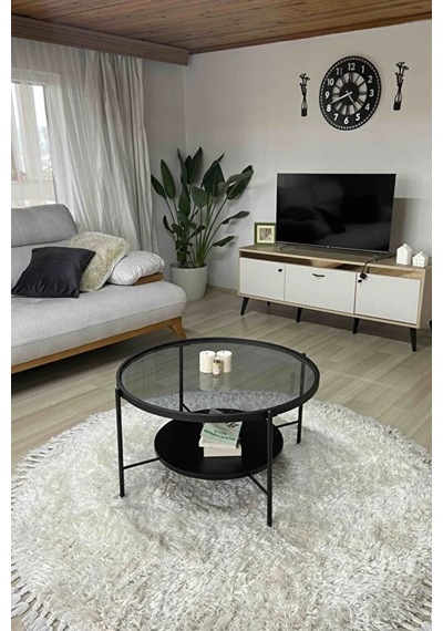 Nordic Orta Sehpa Temperli Cam 75 Cm Demonte Çizilmez Kırılmaz Metal Çerçeve Raflı Minimalist Sehpa - Siyah Siyah
