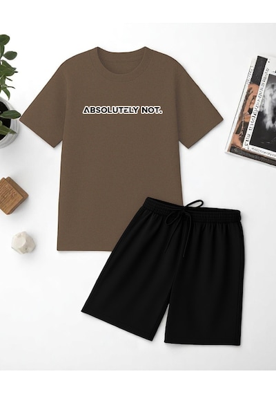 Uyguntarz Unisex Kesinlikle Hayır. Tasarım Basklı Tshirt Şort Takımı Kahverengi