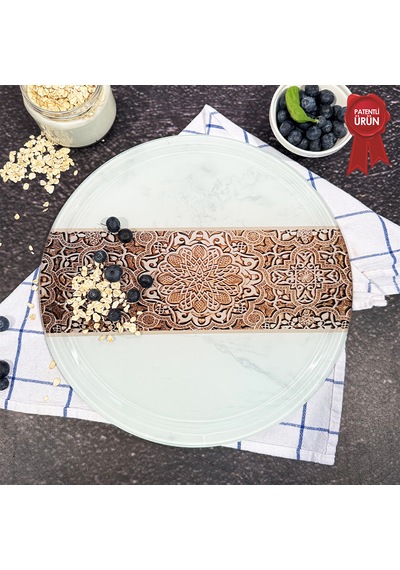 Kanallı Cam Kesme Tahtası - Arabesk Tek Şerit Desen - Çap32cm