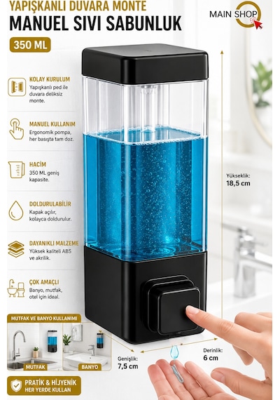 Mainshop 1 Adet Yapışkanlı Duvara Monte Banyo Ve Mutfak Manuel Sıvı Sabunluk 350 Ml Doldurulabilir M-53
