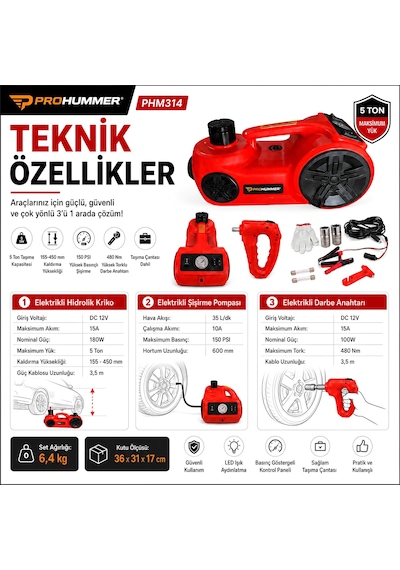 Prohummer Phm314 Elektrikli Kriko Seti - 5 Ton Hidrolik Kriko + Hava Pompası + Bijon Anahtarı + Led Fener