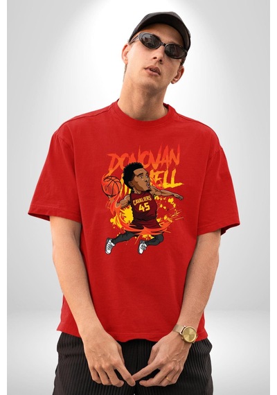 Donovan Mitchell Basketbol Karikatür Pamuklu Bisiklet Yaka Unisex Oversize Boyfriend Dijital Baskılı Kırmızı T-shirt Kırmızı