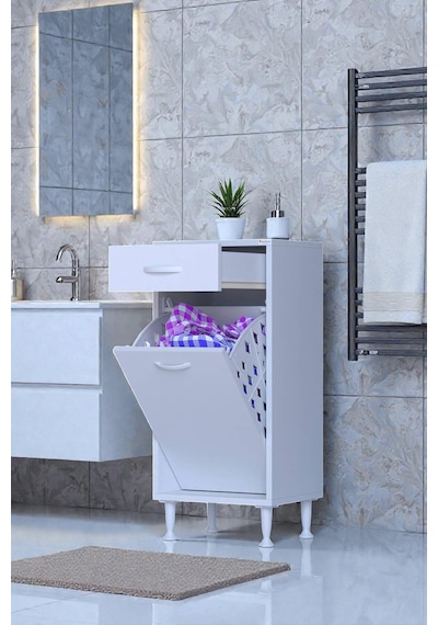 Eliusta Asil 50 Cm Kirli Çamaşır Sepetli Banyo Dolabı 1 Çekmeceli Mutfak Çok Amaçlı Dolap 50x88x32,5 Cm Beyaz