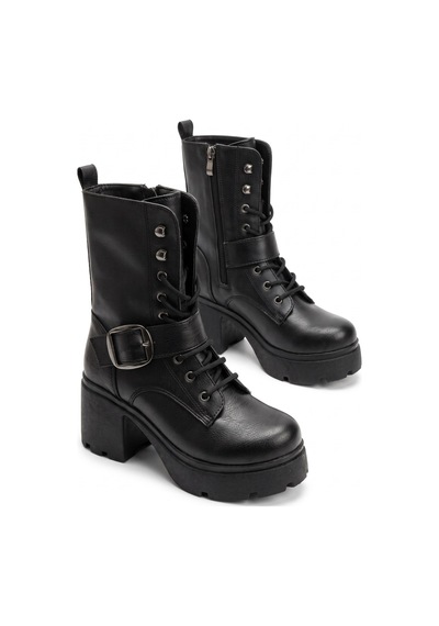V.s.h Velvet Hayka Yüksek Tabanlı 8 Cm Tokalı Bağcıklı Kadın Siyah Bot-2558