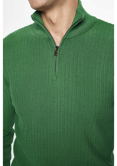 Tudors Erkek Slim Fit Dar Kesim Dik Yaka Fermuarlı Yeşil Kazak-28923 Yeşil