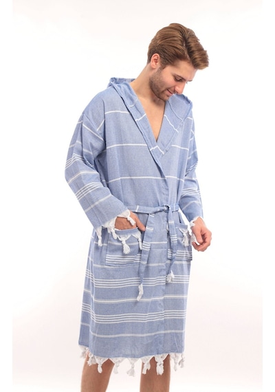 Sultan Püsküllü Kapüşonlu Banyo Sauna Havuz Plaj Kadın Erkek Unisex Cepli Pamuklu Peştamal Bornoz Lacivert