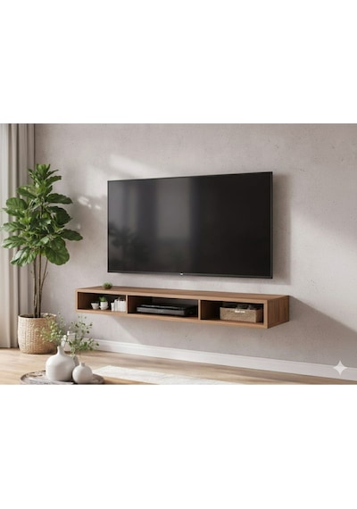 Dekoratif Raflı Duvar Tv Ünitesi Üç Bölmeli Atlantik Çam 150 Atlantik Çam