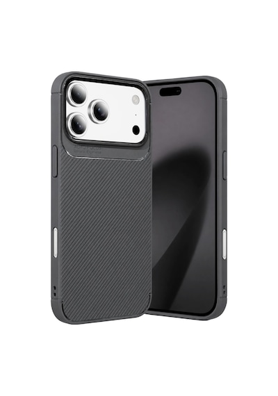 Apple İphone 18 Pro İle Uyumlu Karbon Tasarım Silikon Telefon Kılıfı Ve Temperli Cam Ekran Koruyucu Gri