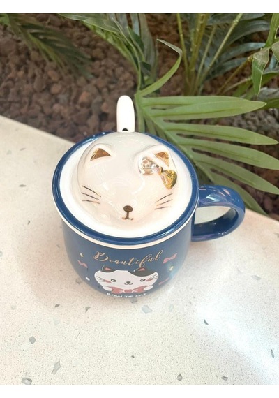 Kawai 3d Kedi Kapaklı Kaşıklı Kupa Bardak Lacivert