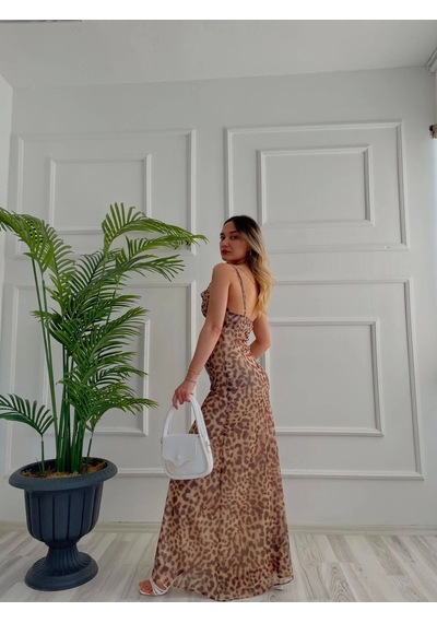 Kadın Leopar Desen Tül Elbise Leopar