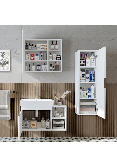 Likya Kapaklı Açık Raflı Mdflam Lavabolu 82 Cm Banyo Dolabı Beyaz