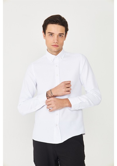 Beyaz Düğmeli Yaka Uzun Kollu Gömlek Slim Fit Beyaz