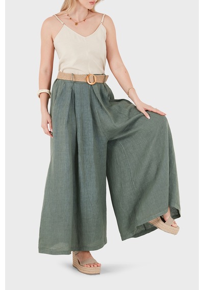 Via Dante Relaxed Fit Yüksek Bel Bol Paça Keten Pantolon Bayan Pantolon 7544 Haki