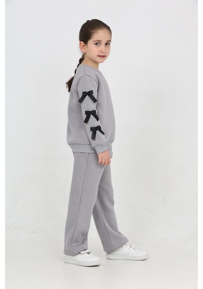 Erdem Kıds Kız Çocuk 3 İplik Şardonlu Kurdele Detaylı Basic Sweatshirt-bol Kesim Palazzo Eşofman Takım Gri Gri