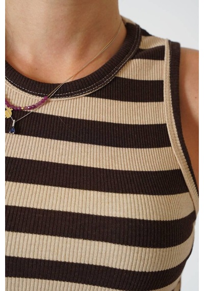 Ckm Moda Adrian Yüksek Kalite Kadın Yuvarlak Yaka Çizgili Crop Bluz Kahve