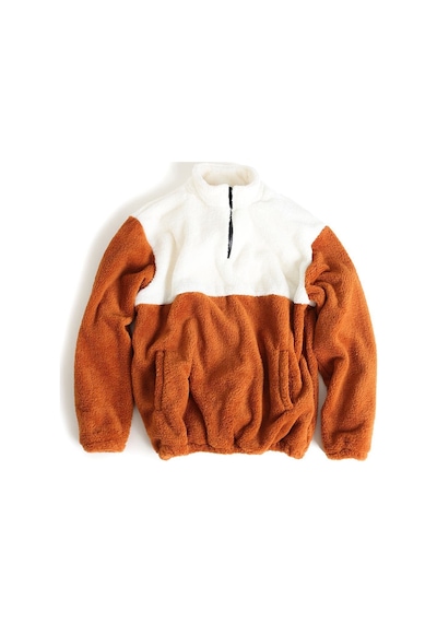 Fifty Color Erkek Oversize Yarım Fermuarlı Pelüş Sweat-Beyaz - Tarçın