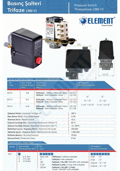 Element Elt-4c 4-16 Kompresör Basınç Şalteri 1/2'' 380v