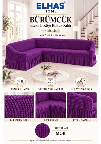 Bürümcük Kumaş 5 Kişilik Etekli L Köşe Koltuk Kılıfı Mor - 934819522 Mor