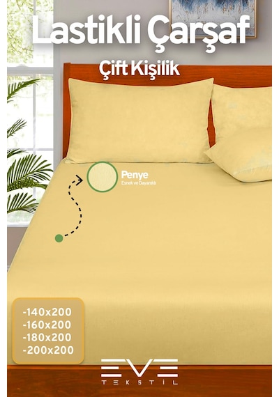 Eve Tekstil Fitted Yüksek Kaliteli Penye Kumaş Çift Kişilik Lastikli Çarşaf Sarı