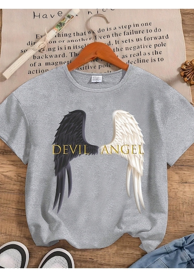 Uyguntarz Unisex Devil Angel Baskılı Tasarım Tshirt Gri