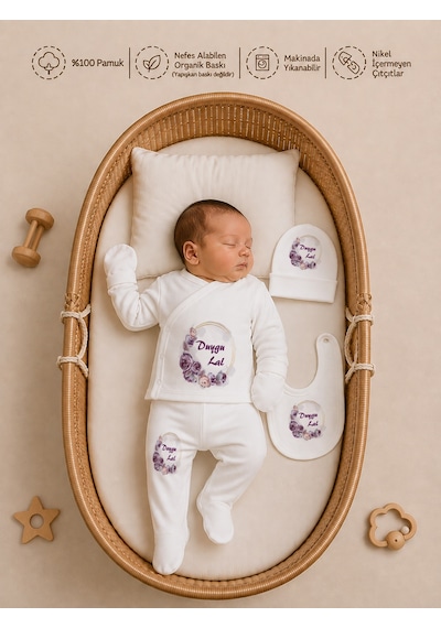 Pia Baby Yeni Doğan Kız Bebek 4 Parça Hastane Çıkışı Seti %100 Pamuk Kişiye Özel İsimli Battaniyeli Tulum Set 2052btyx Ekru