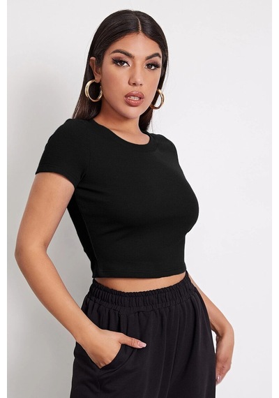 Kadın Siyah Yuvarlak Yaka Yarım Kol Crop Top Bluz