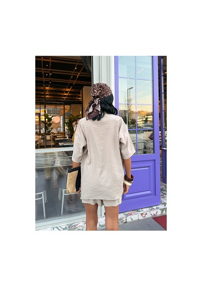 Nido Moda Kadın Cepli Oversize Gömlek Ve Beli Bağcıklı Şort İkili Takım Bej