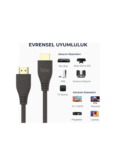Bix Premium 8K@60Hz 4K@120Hz eARC Yüksek Hızlı HDMI 2.1 Kablo 3 M