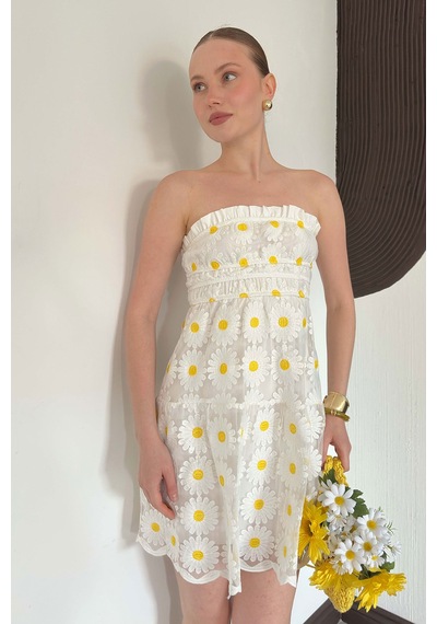 Verymoda Papatya Papatya Nakışlı Elbise Vmd2712 Krem Papatya
