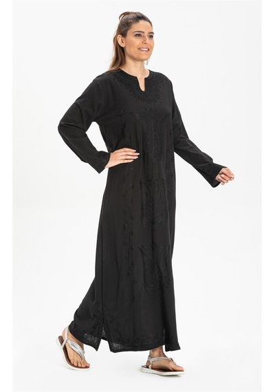 Eliş Şile Bezi Uzun Kol Şile Bezi Simli Kaftan Midi Boy Elbise Siyah