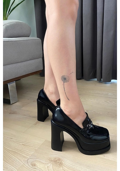 Preshley Kadın Clara Sihay Rugan İnce Tokalı Lofer Model 12 Cm Platform Topuklu Ayakkabı-siyah Rugan Siyah