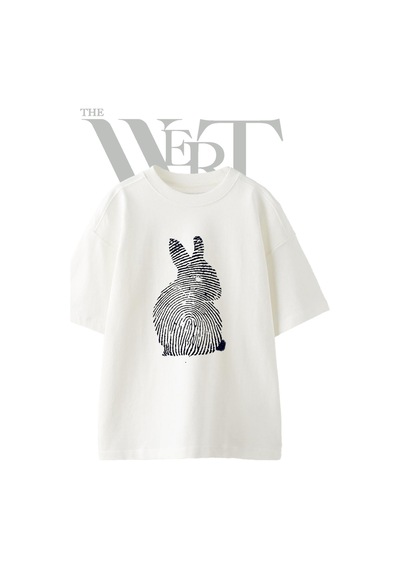 Thewert Rabbit Fingerprint Tasarım Baskılı Ünisex Beyaz Oversize T-shirt