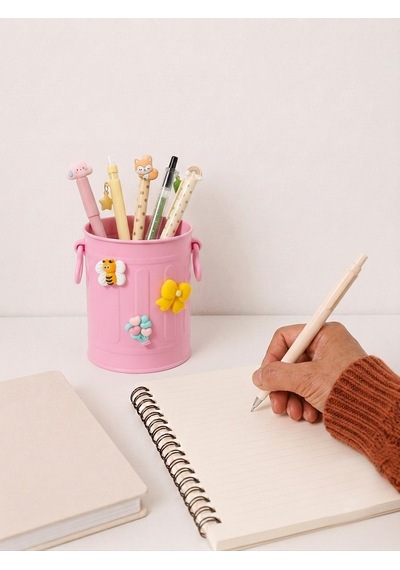 Sevimli Stickerlı Masaüstü Kalemlik Organizer - Pembe