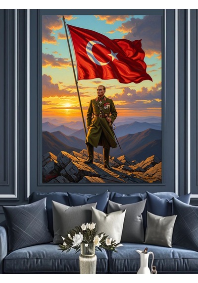 Türk Bayrağı Ve Atatürk Silüeti Dekoratif Kanvas - Mdf Ahşap Tablo