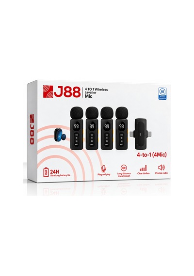 J88 4'lü Kablosuz Yaka Mikrofonu Aı Gürültü Önleyici Lightning Type-c Uyumlu Vlog Röportaj Canlı Yayın Mikrofonu 4 Mikrofon + 1 Alıcı