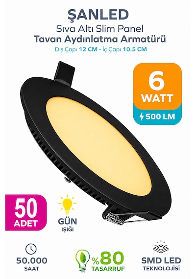 6w Tasarruflu Led Yuvarlak Siyah Kasa Gün Işığı Sıva Altı Panel Aydınlatma Armatür 50 Adettir