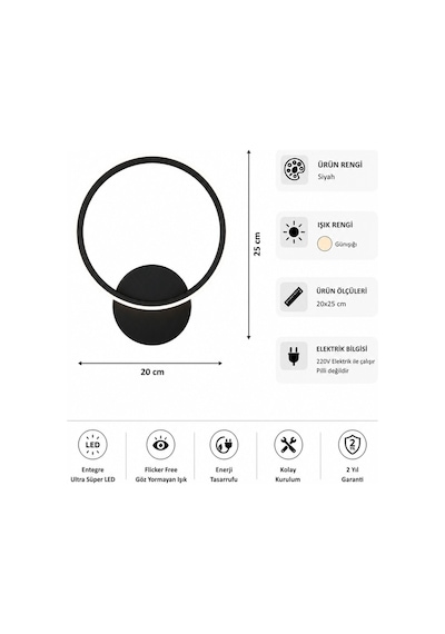 AvizeGO Tisa Modern Led Duvar Apliği Günışığı Siyah