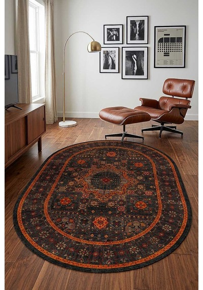 Frenda Home Fas Kapısı Desenli Yıkanabilir Pamuk Taban Oval Halı Turuncu