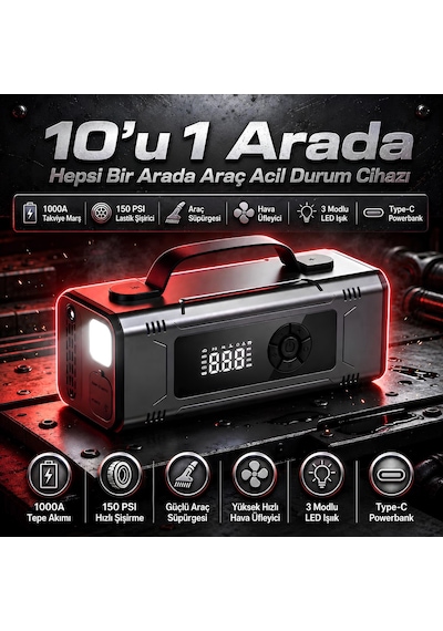 Prohummer Phm014 Jump Starter - Çok Fonksiyonlu 10u1 Arada Süpürgeli Kompresörlü Akü Takviye Cihazı 12000mah - Powerbank
