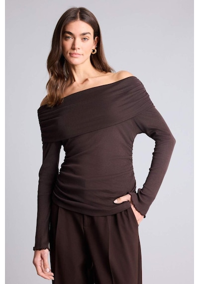 Defacto Slim Fit Omzu Açık Ribana Tişört Kahve
