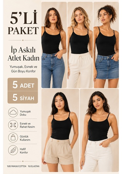 Loule Kadın 5'li İp Askılı Atlet Siyah %95 Pamuk