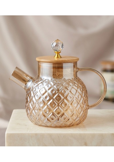 Isıya Dayanıklı Baklava Desen Cam Demlik Bambu & Metal Kapaklı Kulplu Süzgeçli 1000 Ml Füme Renk Kehribar