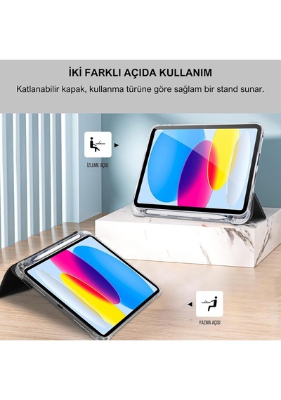 Klasse Apple İpad Air 5 / Air 4 10.9 İnç Uyumlu Smart Kılıf, Apple Pencil Kalemlikli, Trifold, Esnek, Mat, Darbeye Tam Dayanıklı Tablet Kılıfı Siyah