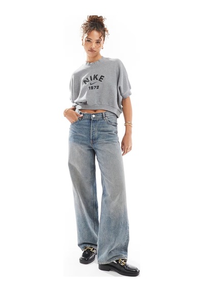 Nike Crop Loose Fit French Terry Short Sleeve Top Kadın Bol Kesim Crop Kısa Kollu Sweatshirt Gri Gri