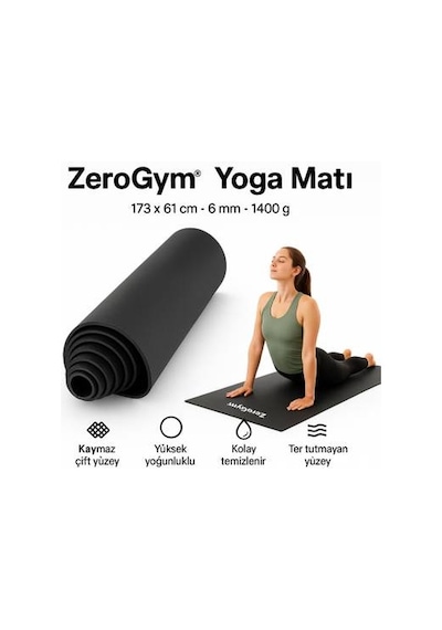 Zerogym Profesyonel Yoga Matı 173cmx61cmx0,6mm 1400 Gr Siyah