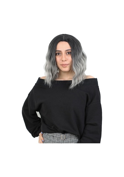 Fiber Sentetik Kısa Dalgalı Perçemsiz Peruk - Siyah / Gri Ombreli
