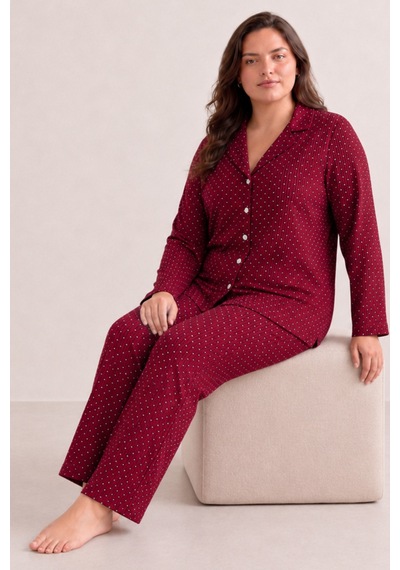 Kadın Rahat Puantiyeli Düğmeli Kırmızı Pijama Takımı 824