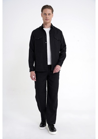 Comfort Fit Yan Cepli %100 Keten Siyah Gömlek Ceket G 1602