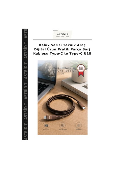 Delux Serisi Teknik Araç Dijital Ürün Pratik Parça Şarj Kablosu Type-c To Type-c U18