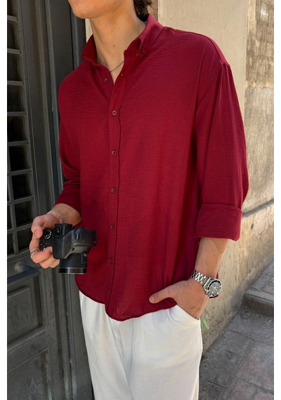Erkek Oversize Kesim Keten Görünümlü Gömlek Bordo